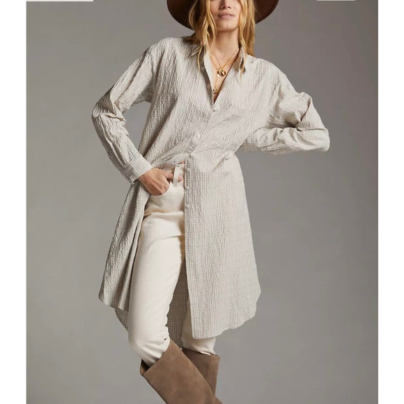 Anthropologie Dresses & Skirts - Maeve By Anthropologie Women's Tunic Shirt Dress Size Large Tan Cream Plaid